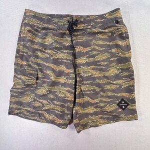 American Eagle Mens Tiger Stripe Camo Board Shorts Green Brown Swim Trunks Small